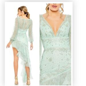 Mac Duggal 50744  V Neck Empire Sleeve High Low Dress Asymmetrical Ruffles